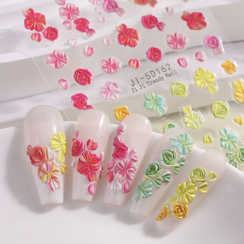 5D Embossed Flower Nail Stickers for Women Manicure Decor, 5D Acrylic Carved Flo