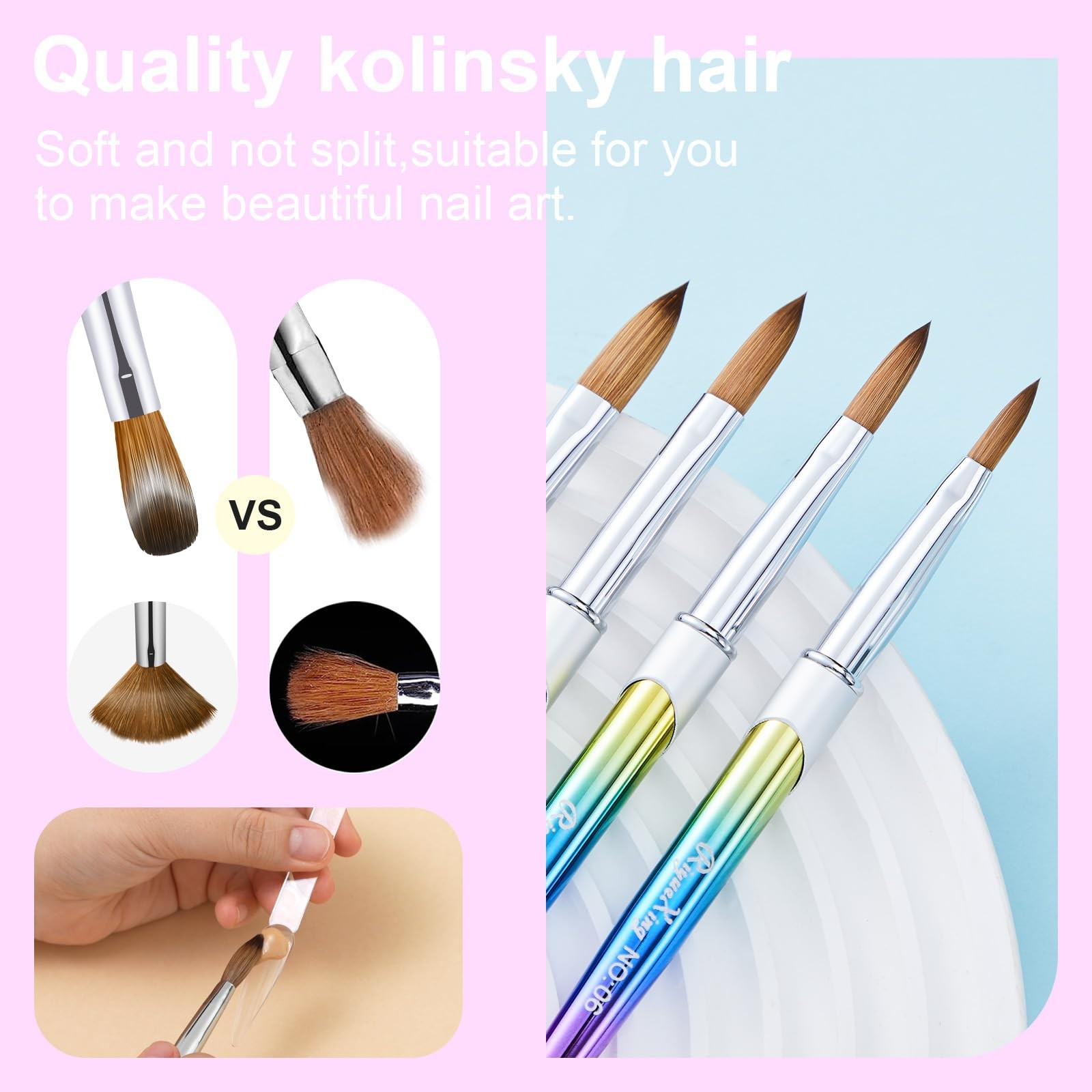 Acrylic Nail Brush Art Manicure Sable Hair Oval 4PC Sizes 6 8 12 16 Pro Salon DI