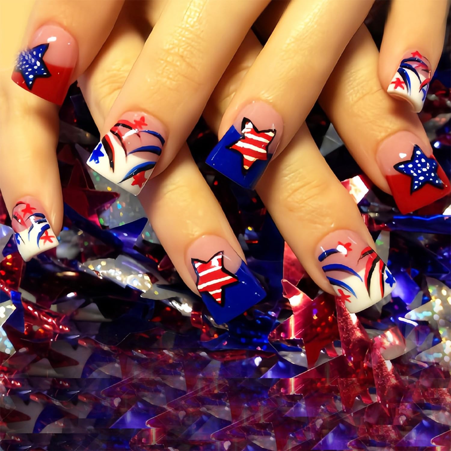 24pcs 4th of July Press on Nails Short Square Blue Red French Tip Fake Nails …