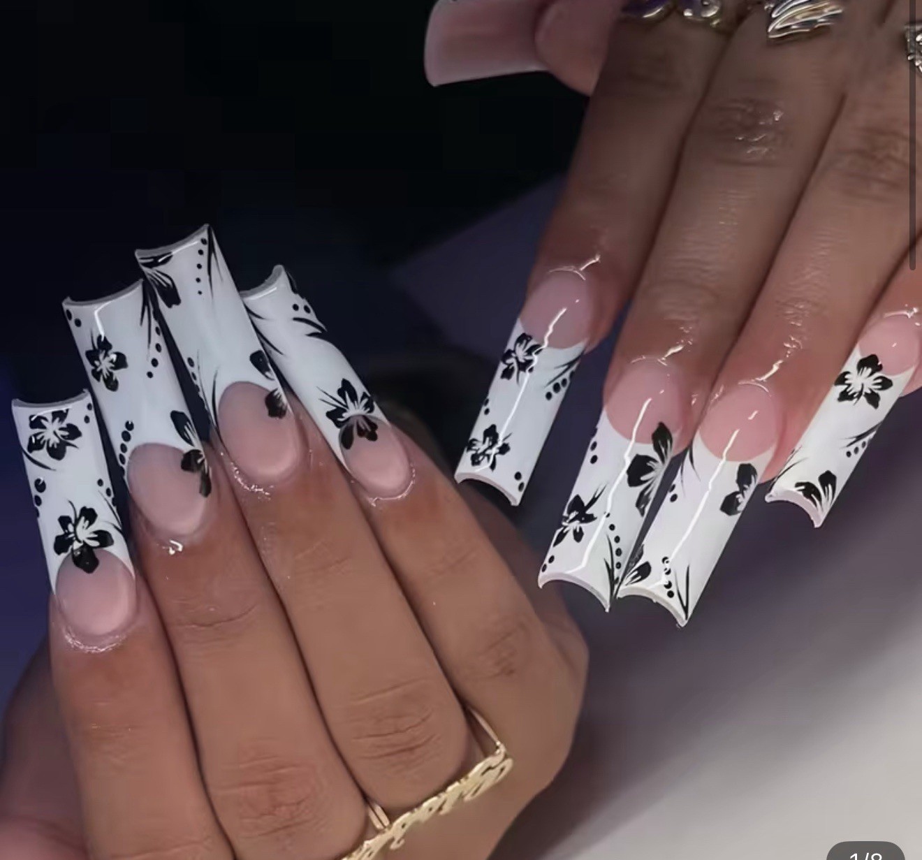 Long Press on Nails Square Fake Nails Black French Tip Acrylic False Nails