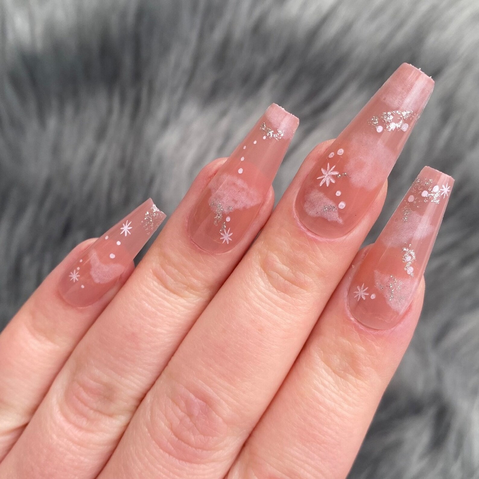 Nude Long Coffin Cloud Pink Dreamy Press On Nails 24pcs All Sizes Fake Nails NEW