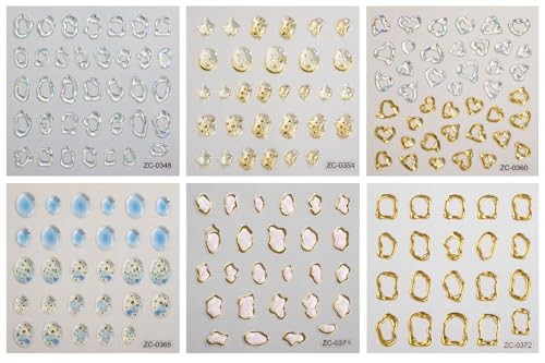 6 Sheets 3D Embossed Gold Irregular Geometric Nail Art Stickers Decals Self