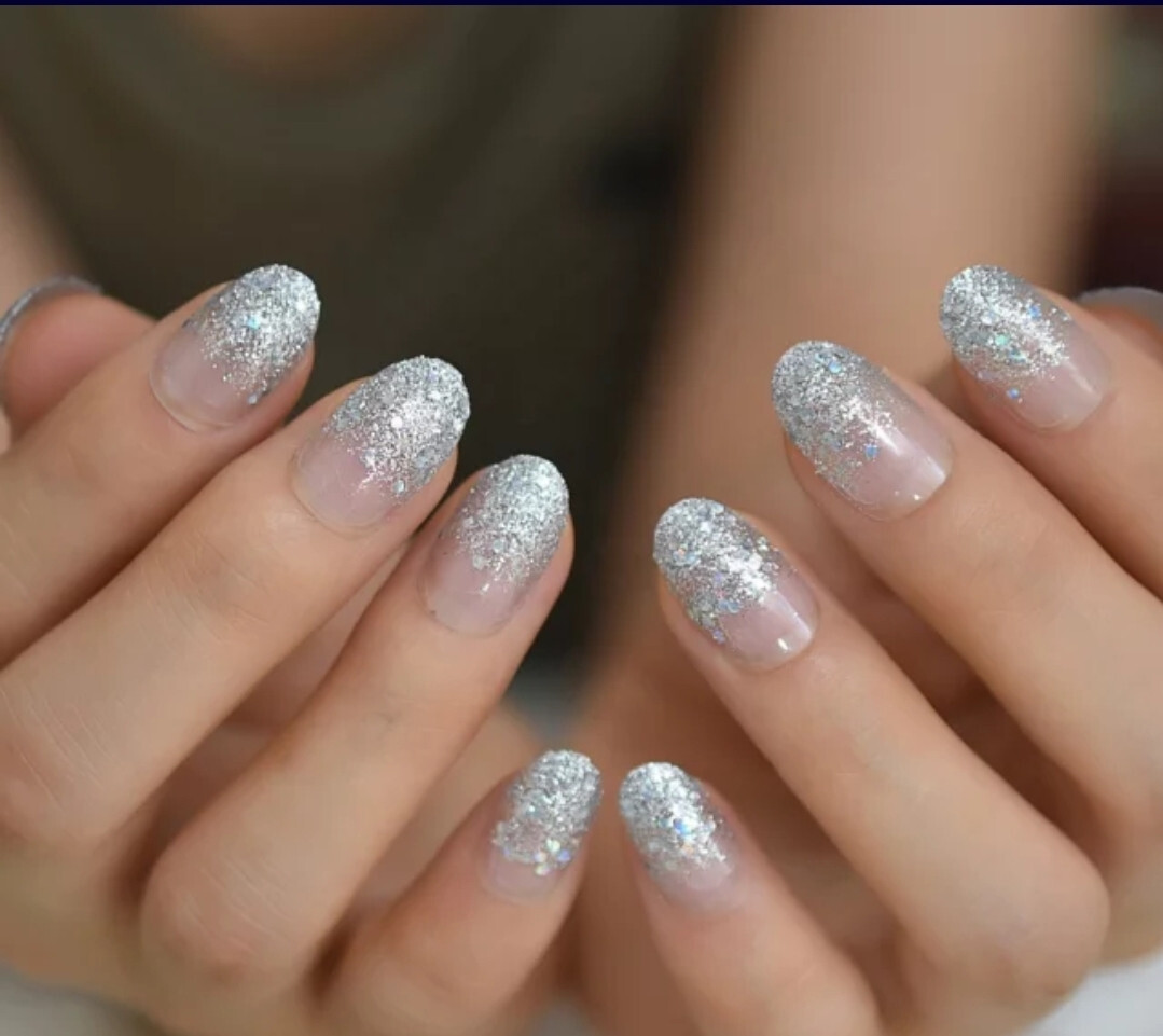 24 Short Press on nails kit w glue Cinderella Ombre silver glitter clear holo