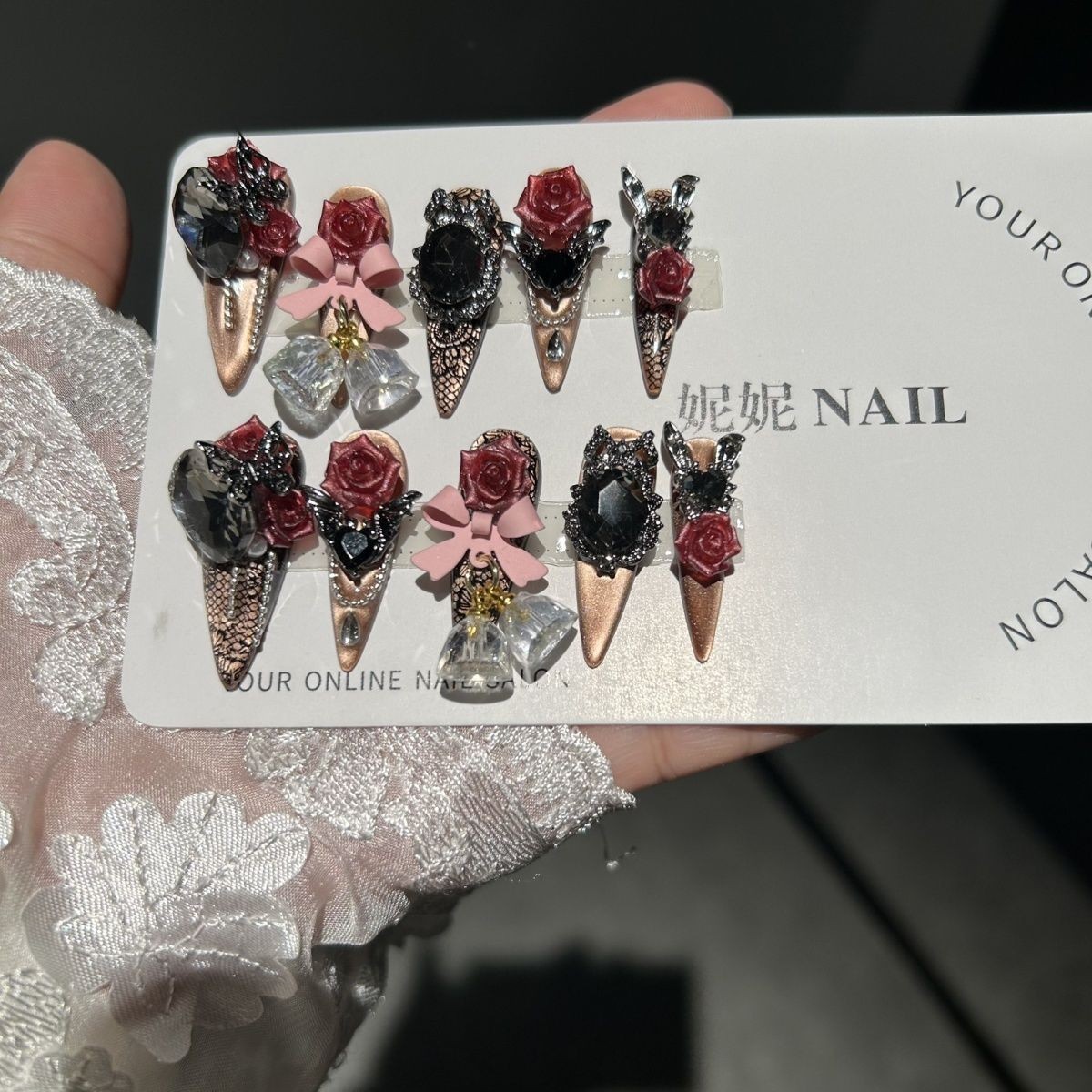 Gothic Cat Eye Rose Press On Nails Dark Handmade Detachable Design