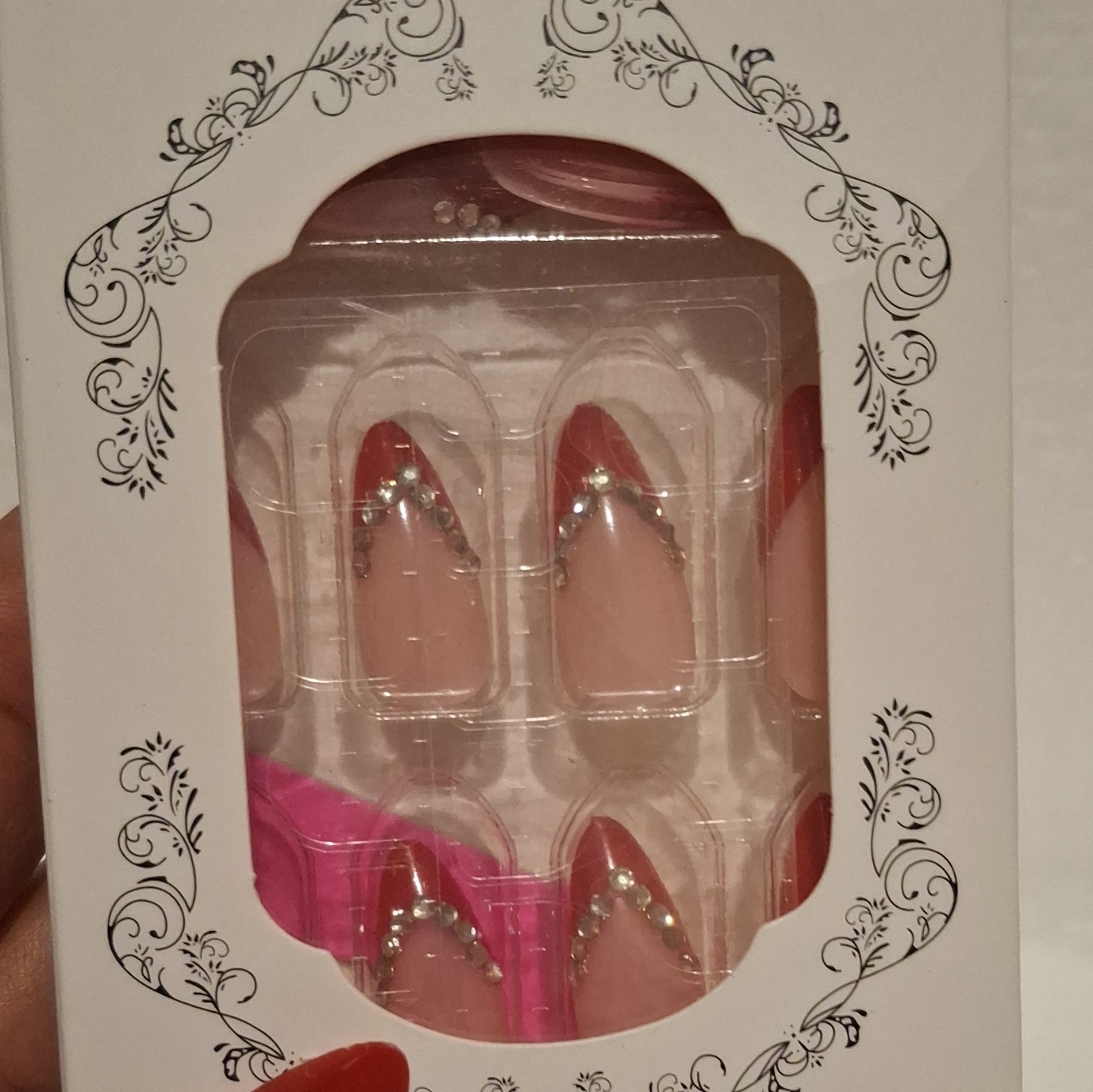 Pink Stiletto Long Acrylic Press-On Nails 3D Rhinestone Full Cover Set