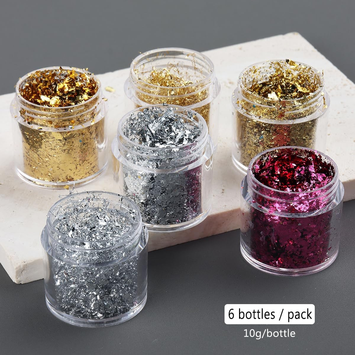 Gold Foil Flakes for Nail Art, 6 Bottles Irregular Silver Hot Pink Gold Leaf for