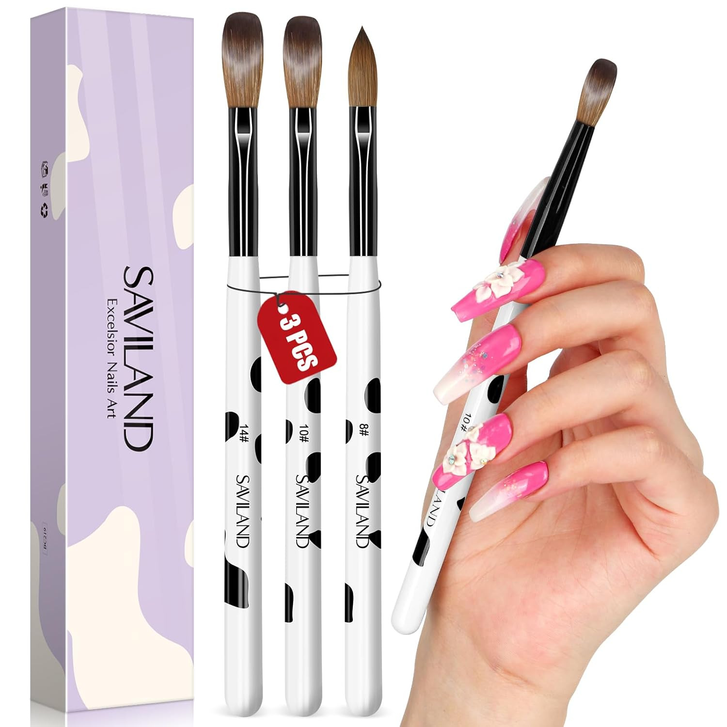 Saviland 3Pcs Acrylic Nail Brush Set, Size 8/10/14 Kolinsky Acrylic Nail Brushes
