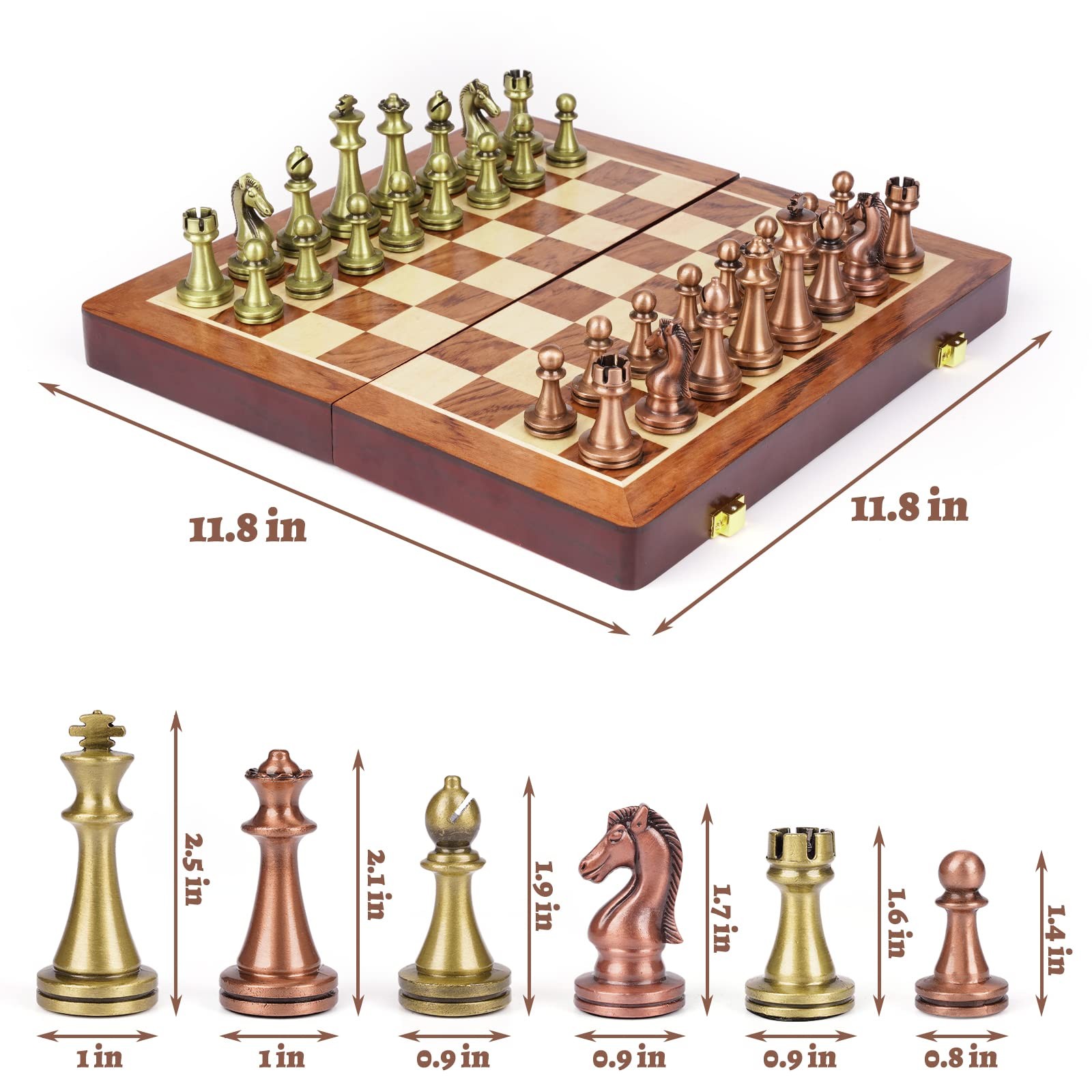 Agirlgle Retro Metal Chess Set with Folding 6.5 x 13.3 x 1.7 inches, Bronze