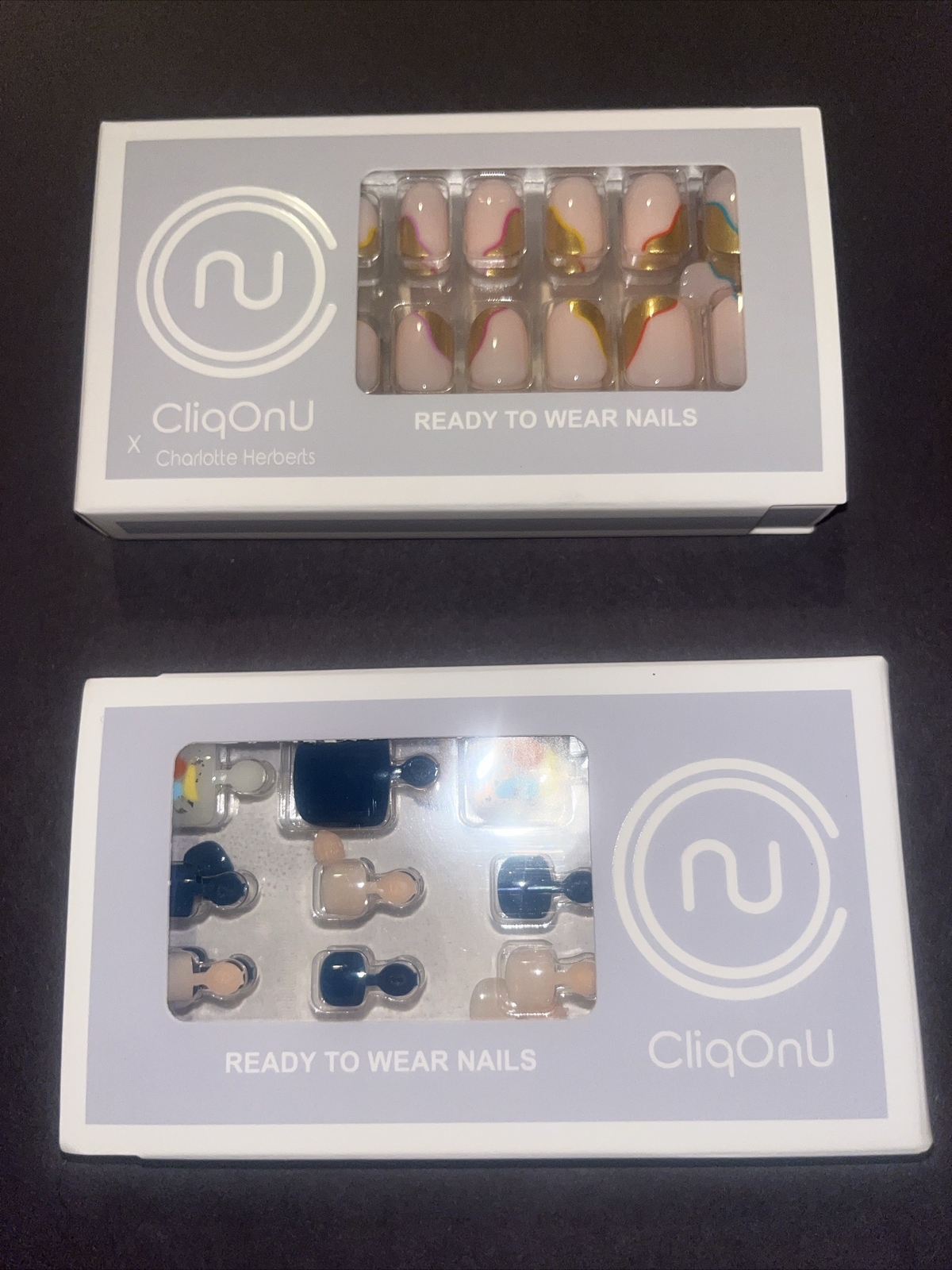 CliqOnU Glue On Nail Set Golden Sunday & Toe Nails Navy Blue Pink PETA Approved