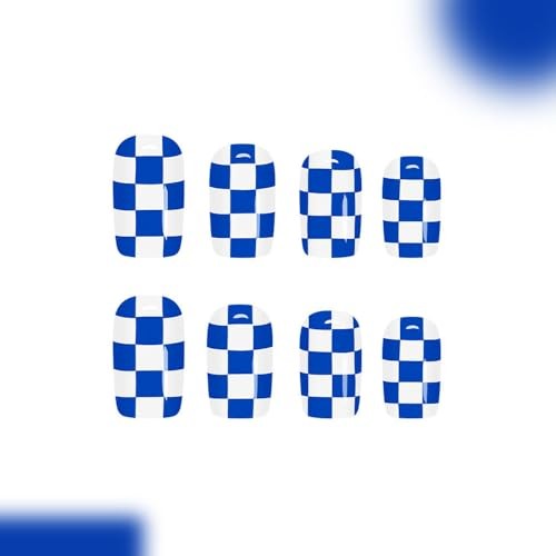 Square Press on Nails – Short Fake Nails – 24Pcs Glossy Blue White Style 01