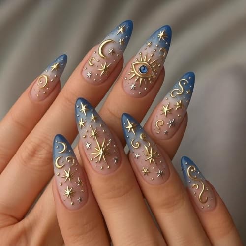 Gold Star Press on Nails Medium Almond Fake Nails Blue Ombre False Style 7