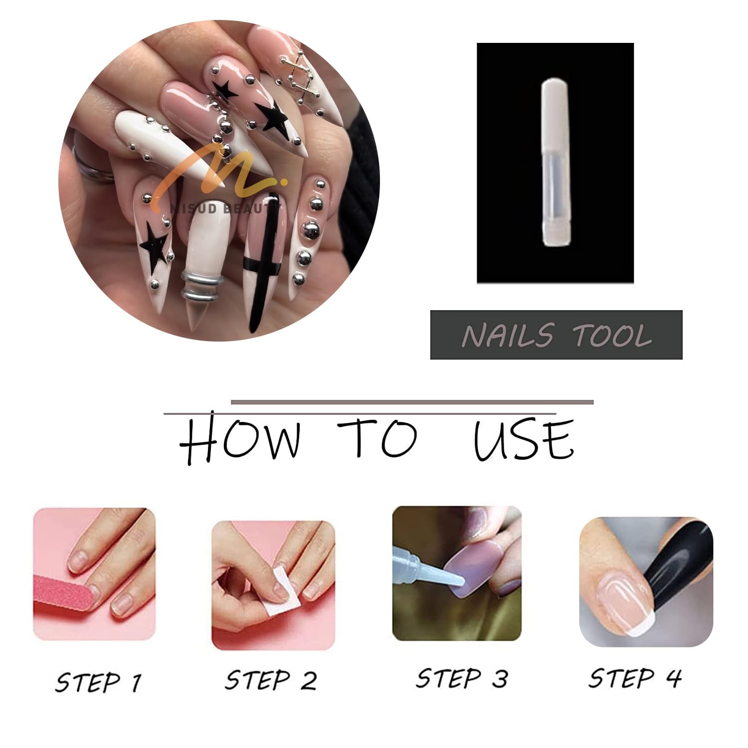 Press on Nails – Long Stiletto Fake Nails with White French Tip, Acrylic Goth…