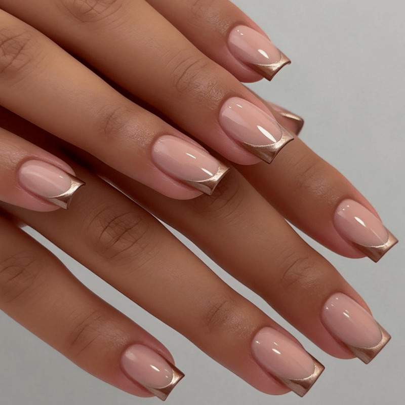 48pcs Short Square Handmade Press‑On Nails, Milky White Thin Gold French Tip