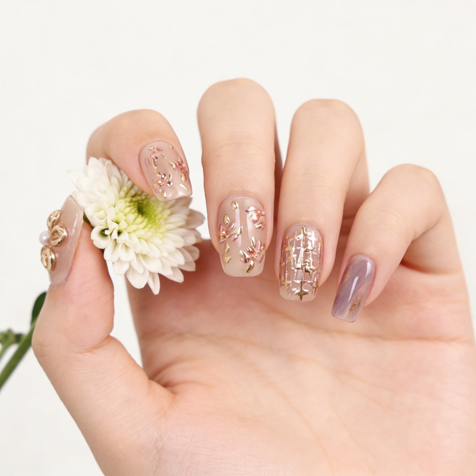 Pink Purple Press On Nails Short Square Gold Flower Pearl Handmade Set gift