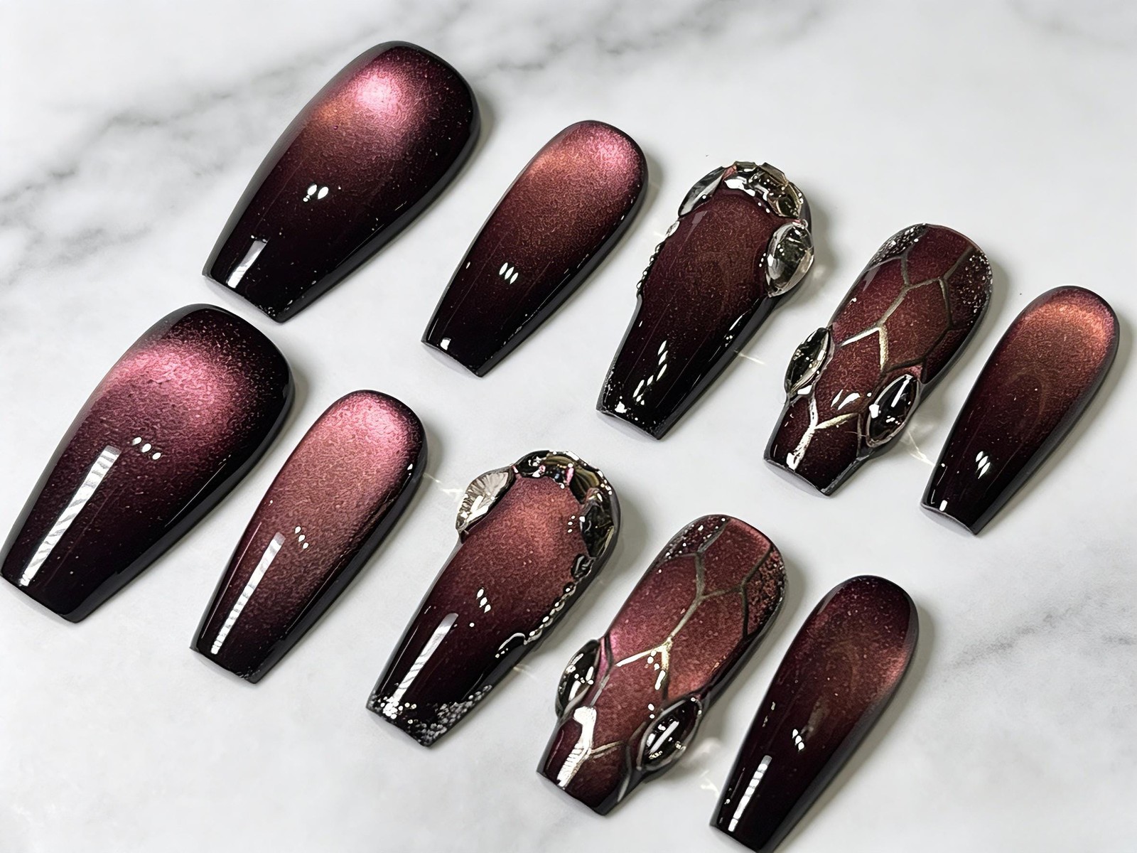 Custom Handmade Pink Purple Cat Eye Rhinestone Snake Scale Square Press on Nails