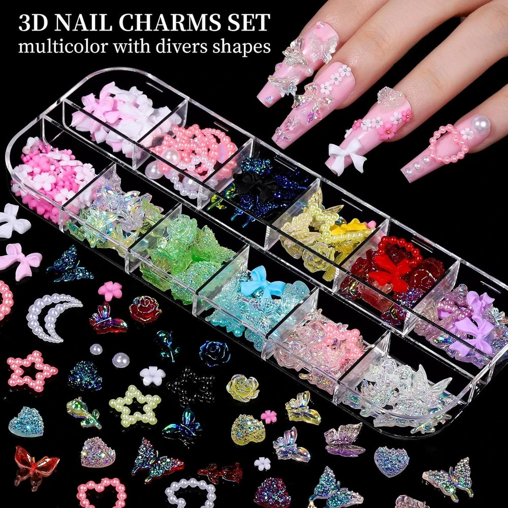 Nail Charms, Nail Rhinestones Kit with 8 Boxes of Nail Gems, 3D Charms for Nails
