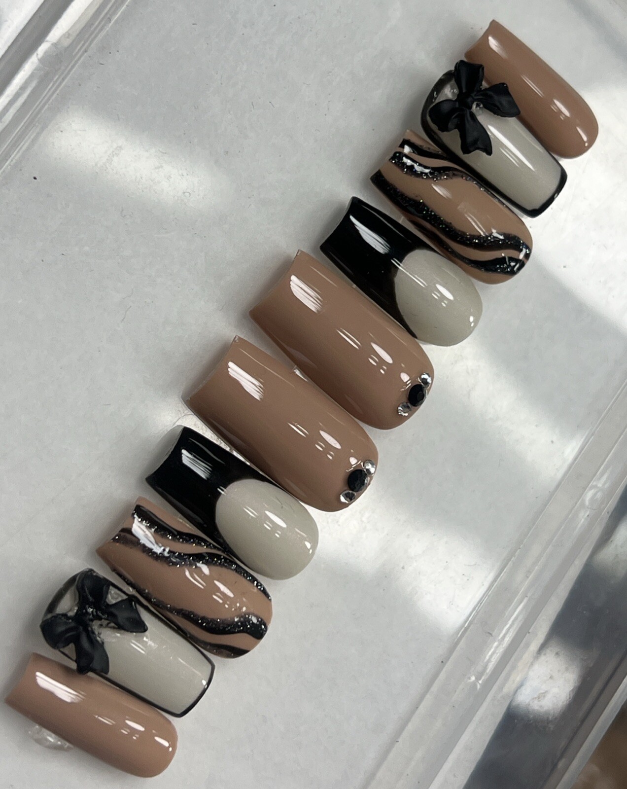 🤍🖤 CUSTOM Press On Nails FRENCH BLACK NUDE BLING 10p SET W Kit