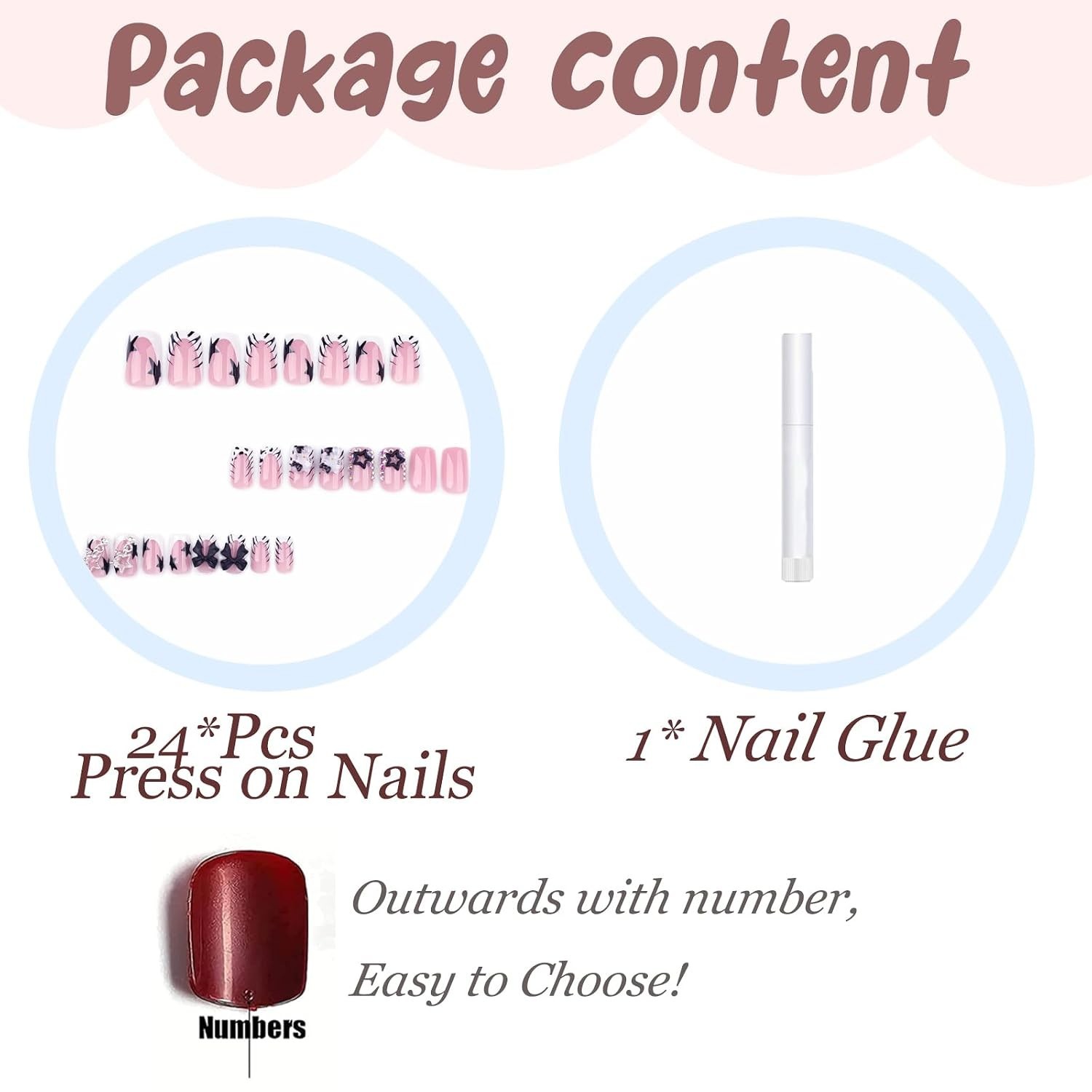 French Tip Press on Nails Short Square Fake Nails with Bow Charms Designs Bla…