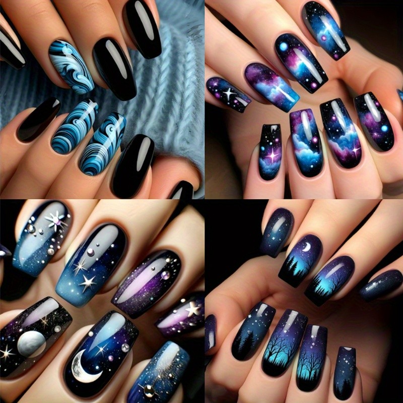 96PCS(4Pack) Cosmic Galaxy Press On Nails Night Sky Ready-to-Wear Wearable Nails