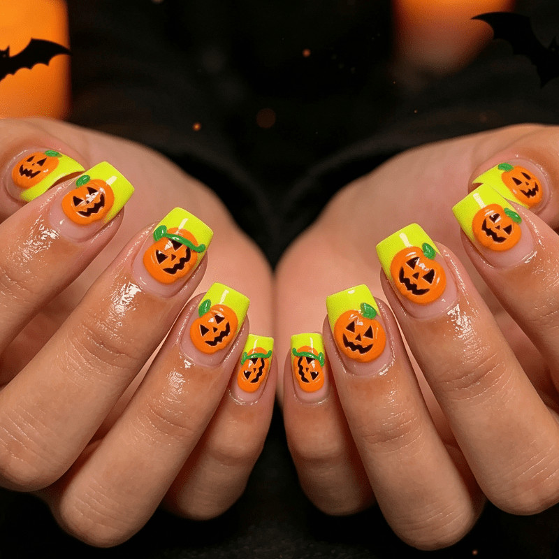 48Pcs-Short Square Neon Yellow French 3D Pumpkin Halloween Press on Nails