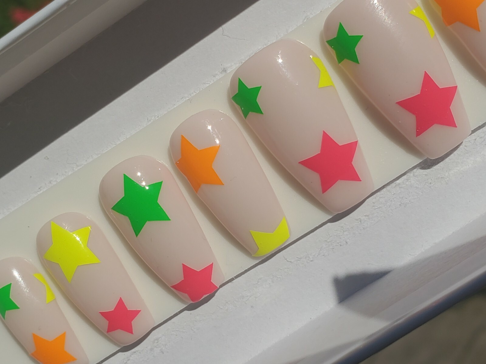 Nude & Neon star nails pink yellow orange green press on nails short coffin