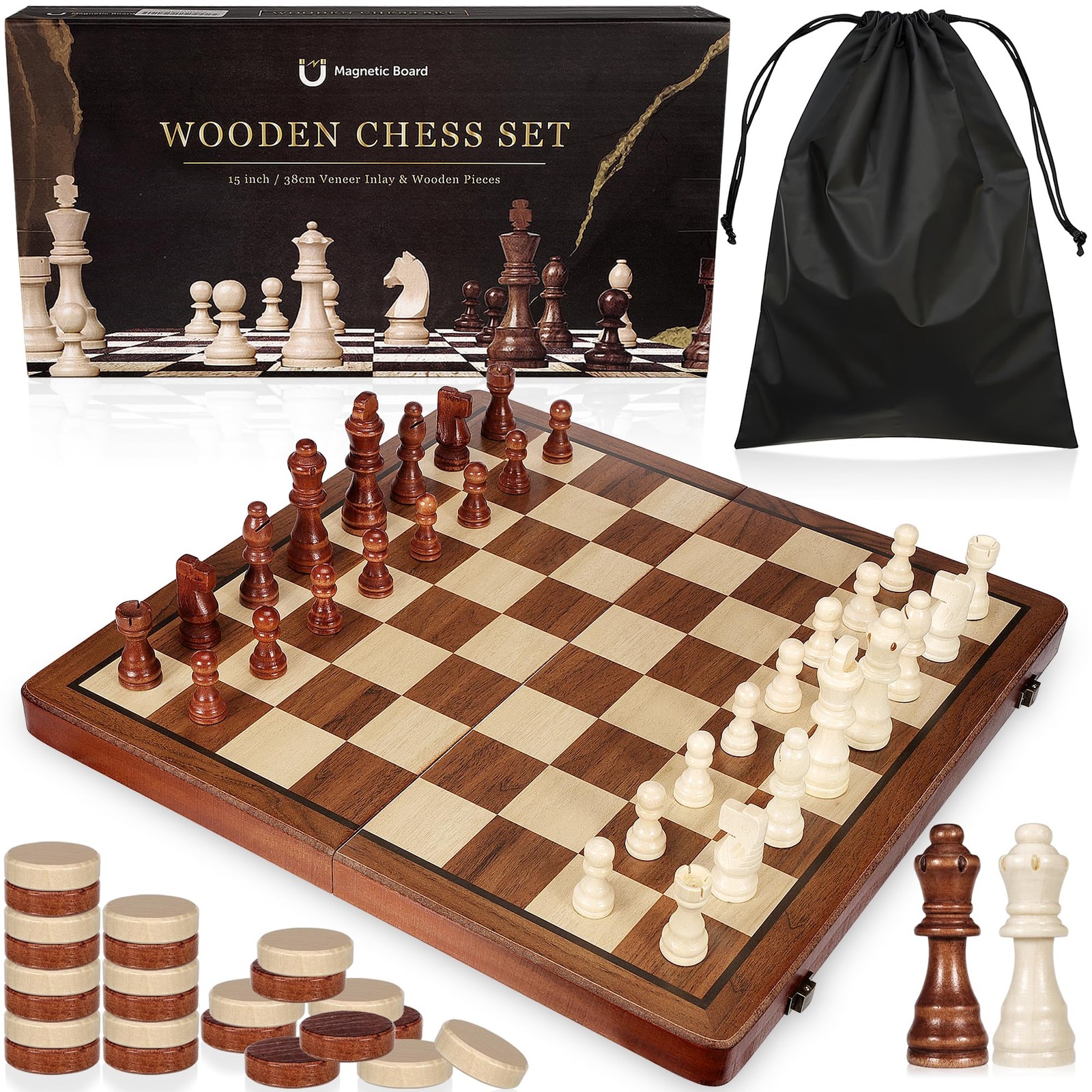 2 in 1 Wooden Chess and Checkers Set – Folding Magnetic Board with…