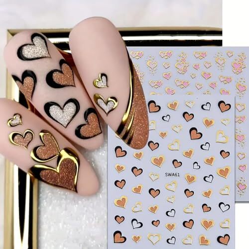 6Sheets Valentines Nail Art Stickers Gold Heart Nail Decals 3D lovely heart