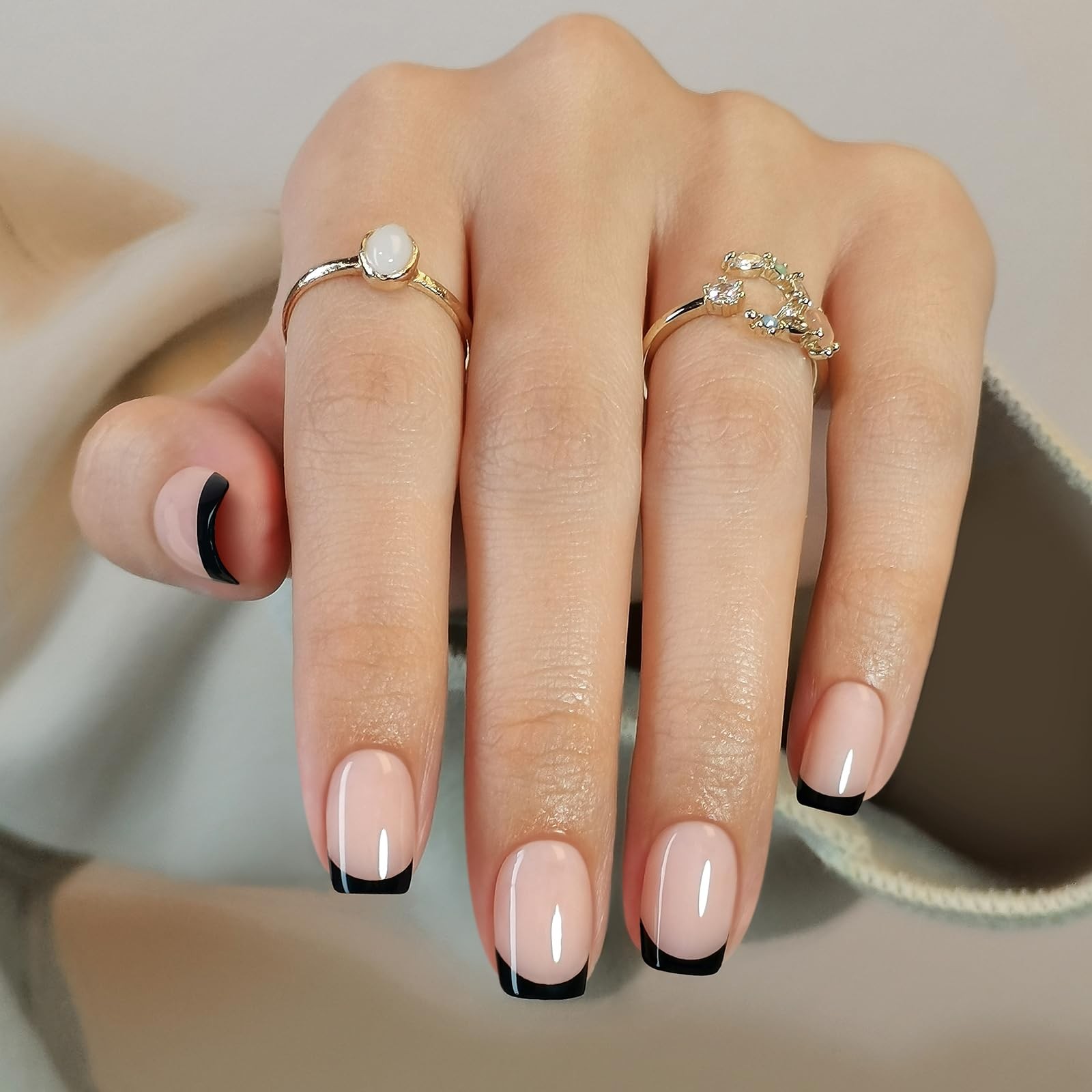 Black French Tip Press on Nails Square – Soft Gel Press on Nails Short, Fit P…