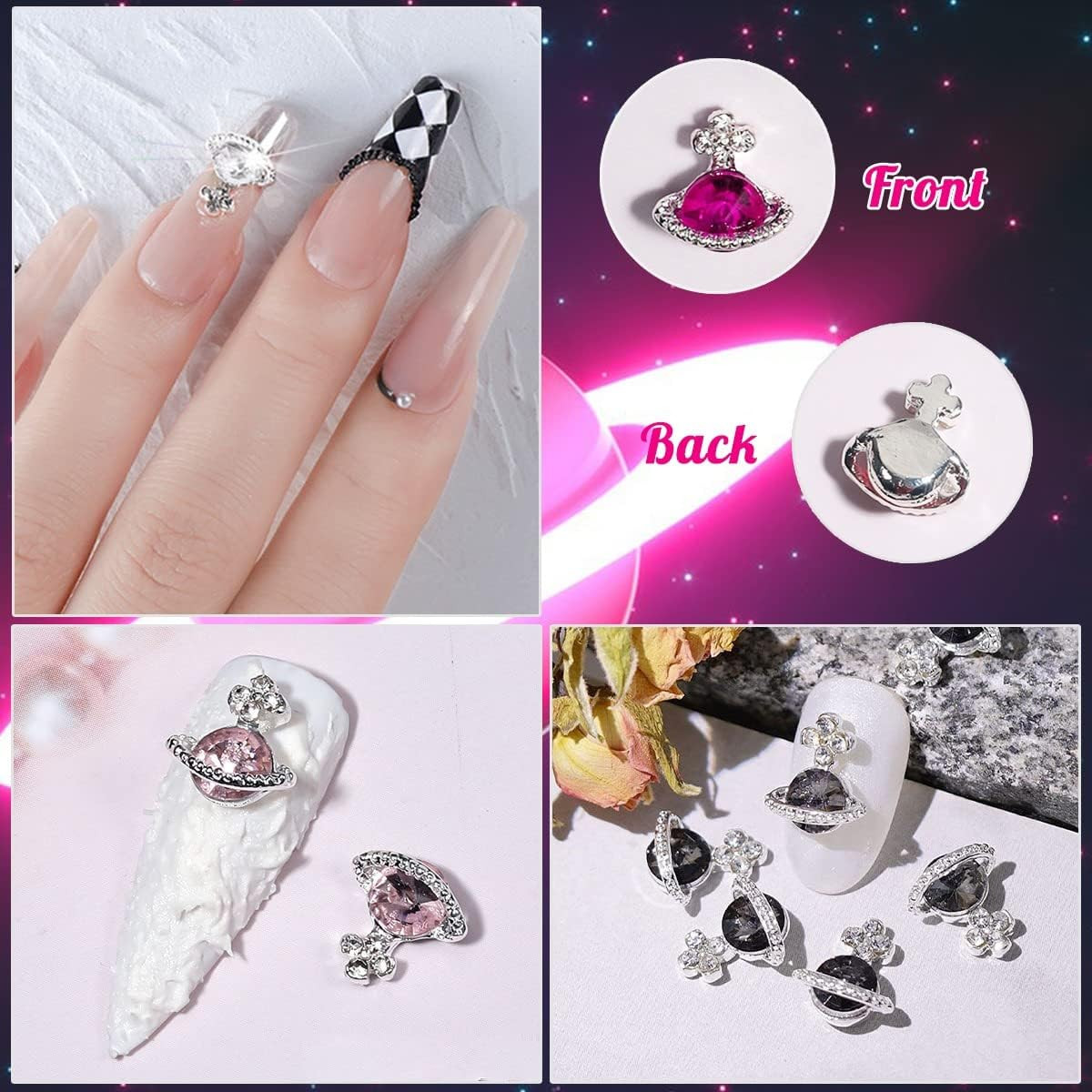 Planet Nail Charms, 54 Pcs 3D Nail Rhinestones Shiny Silver Saturn Shape, Nail A