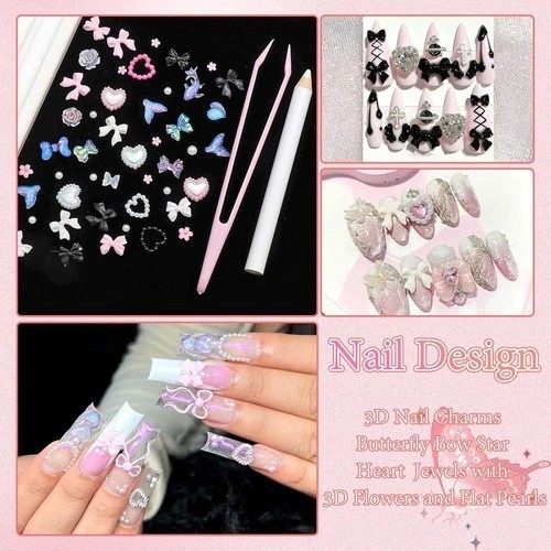 600PCS 3D Nail Charms and Flatback Pearls 3 Colors Bows Nail Art Charms Flowe…