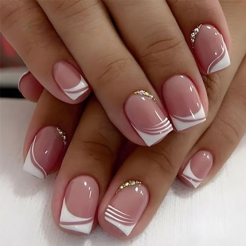 White French Tip Press on Nails Short Square Fake White French Tip Cute Pink