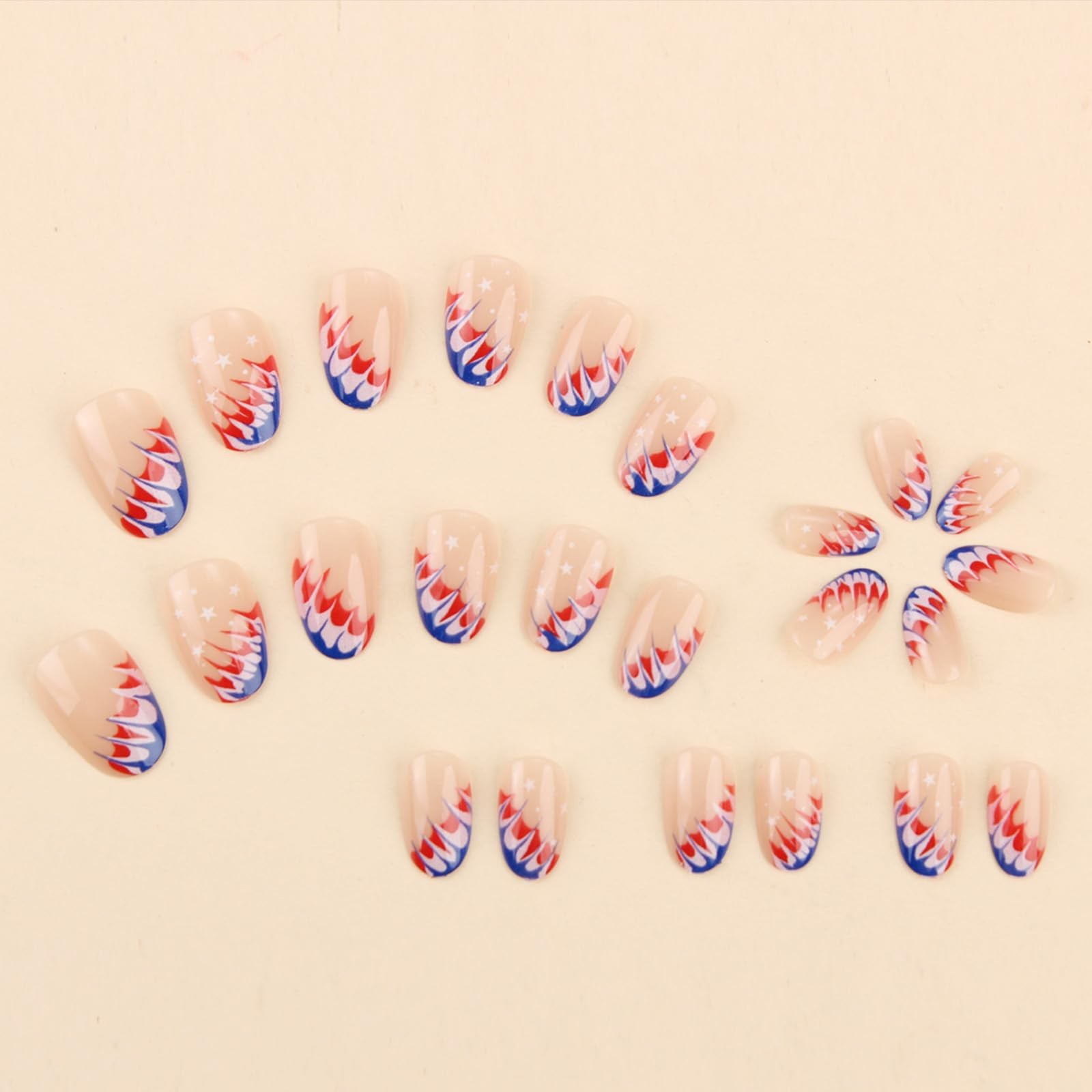 4th of July Press on Nails Medium Oval Fake Nails with Designs Red Blue Gradi…