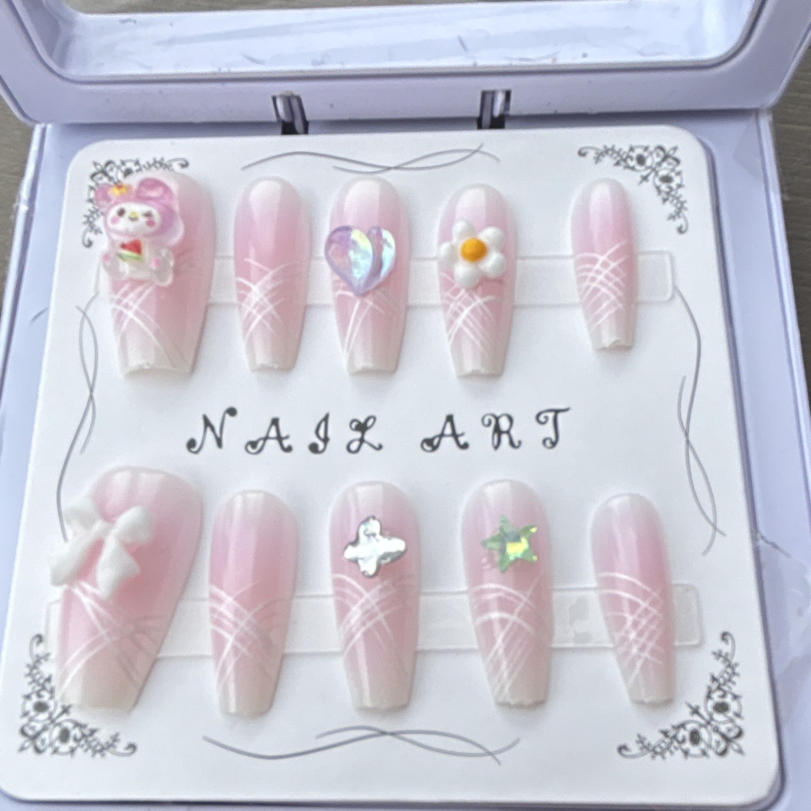 Pink/White Press-On Nails Long Coffin Full Cover Pre-Designed Shiny Flowers