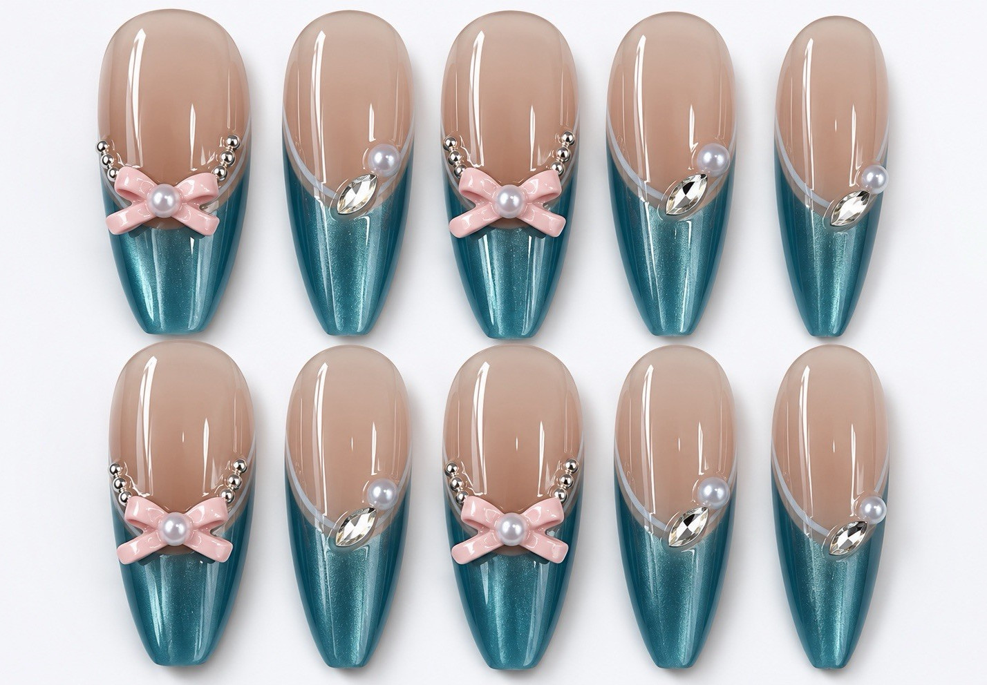 Teal Cat Eye Press On Nails | Long Almond Nails | Pink Bow & Pearl Nails