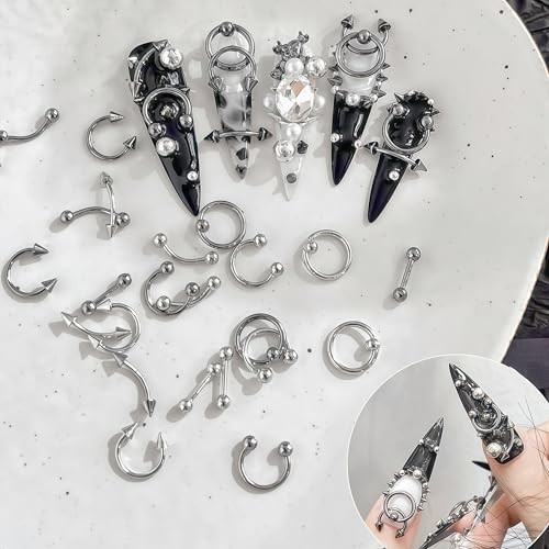 80 PCS Piercing Nail Art Charms 3D Silver Alloy Goth Punk Nail Rhinestones gray