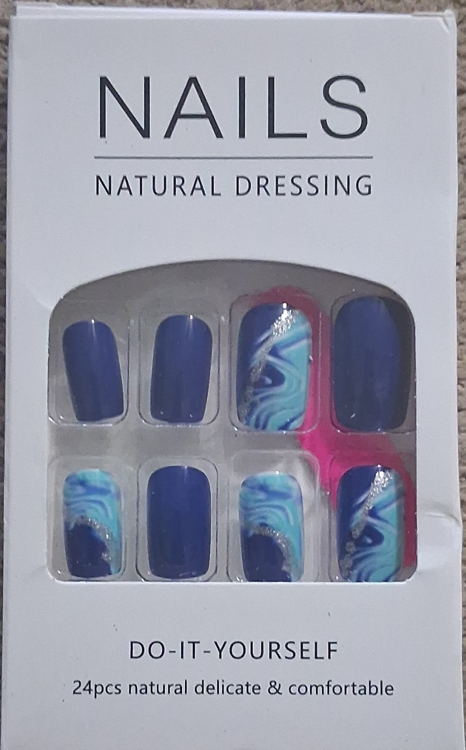 24pcs Square Shiny Blue Pink White Acrylic Full Cover Press-On Nails Set
