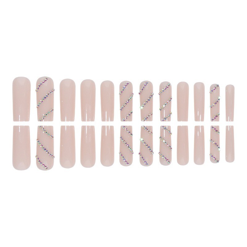 24pcs-Clear Nude Coffin Press on Nails with Wavy Multicolor Rhinestone Accents