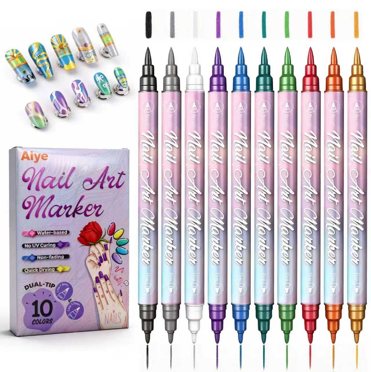 Metallic Nail Art Pens Set, 10 Colors Double Ended Nail Polish Pens for DIY N