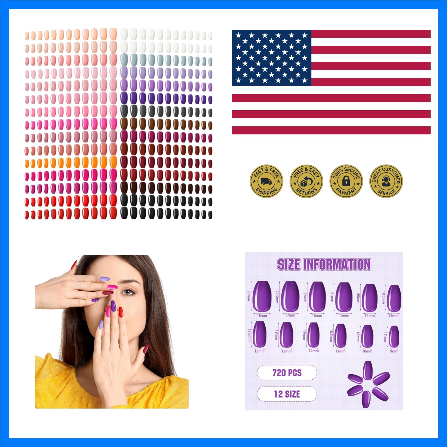 720 Pieces 30 Sets Medium Square False Nails Artificial Ballerina Glossy Pres…