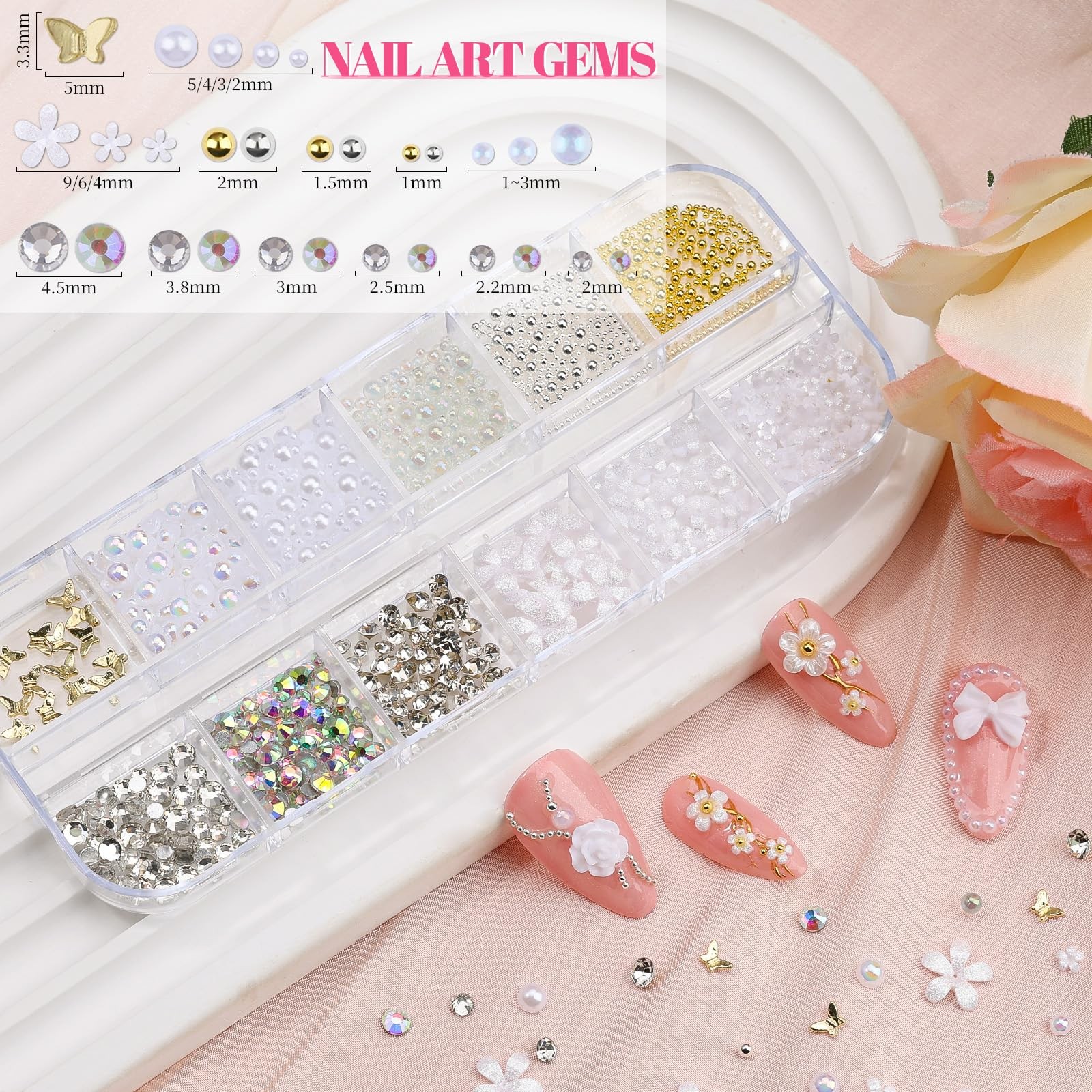 2 Boxes Assorted Nail Charms and Gems, White Flower Nail Charms Aurora Bow Me…