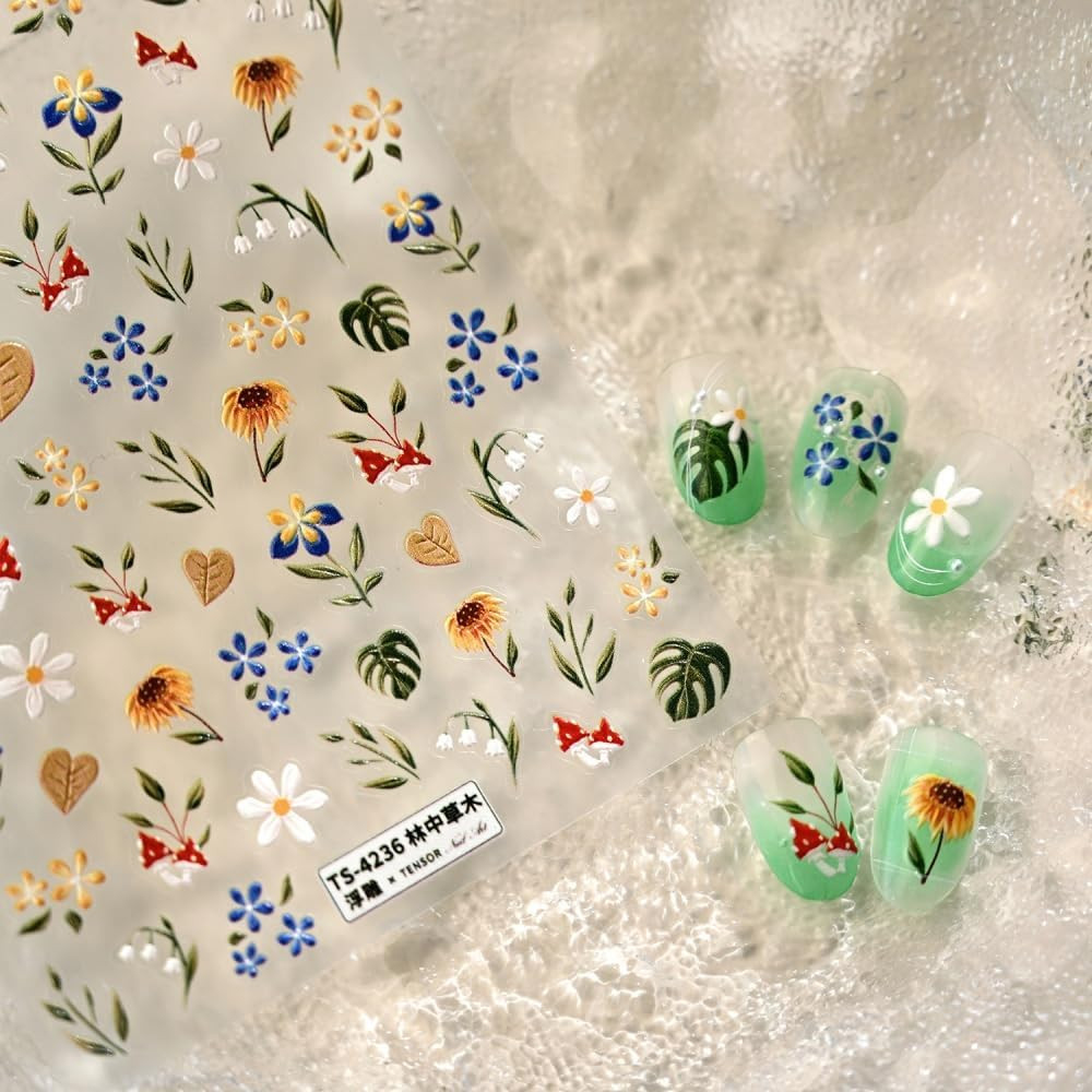 Flower Nail Stickers Floral Daisy Nail Decals 5D Embossed Blue Yellow Nail Desig