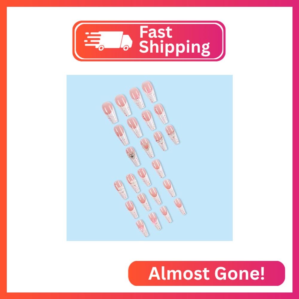 Press On Nails Long Pearl Heart 3D Crystal Butterfly False Nails With Design Val