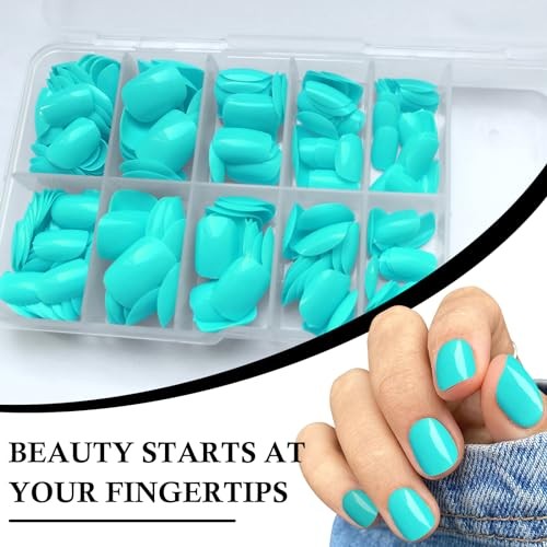 Short Press on Nails Square Round Short Fake Nails Glossy Full Cover Turquoise