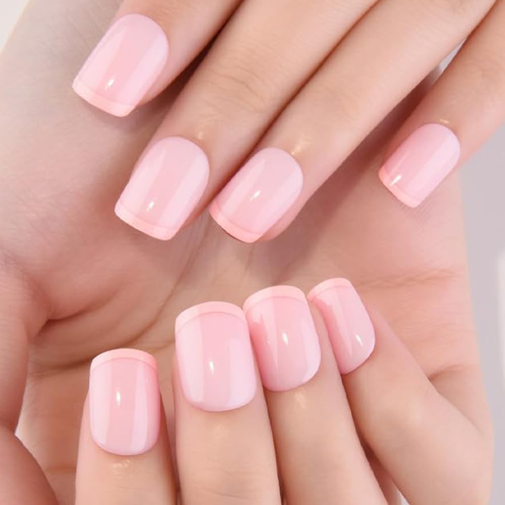 French Tips Press on Nails Nude Pink + Peach Tips Short Round (30 Count)