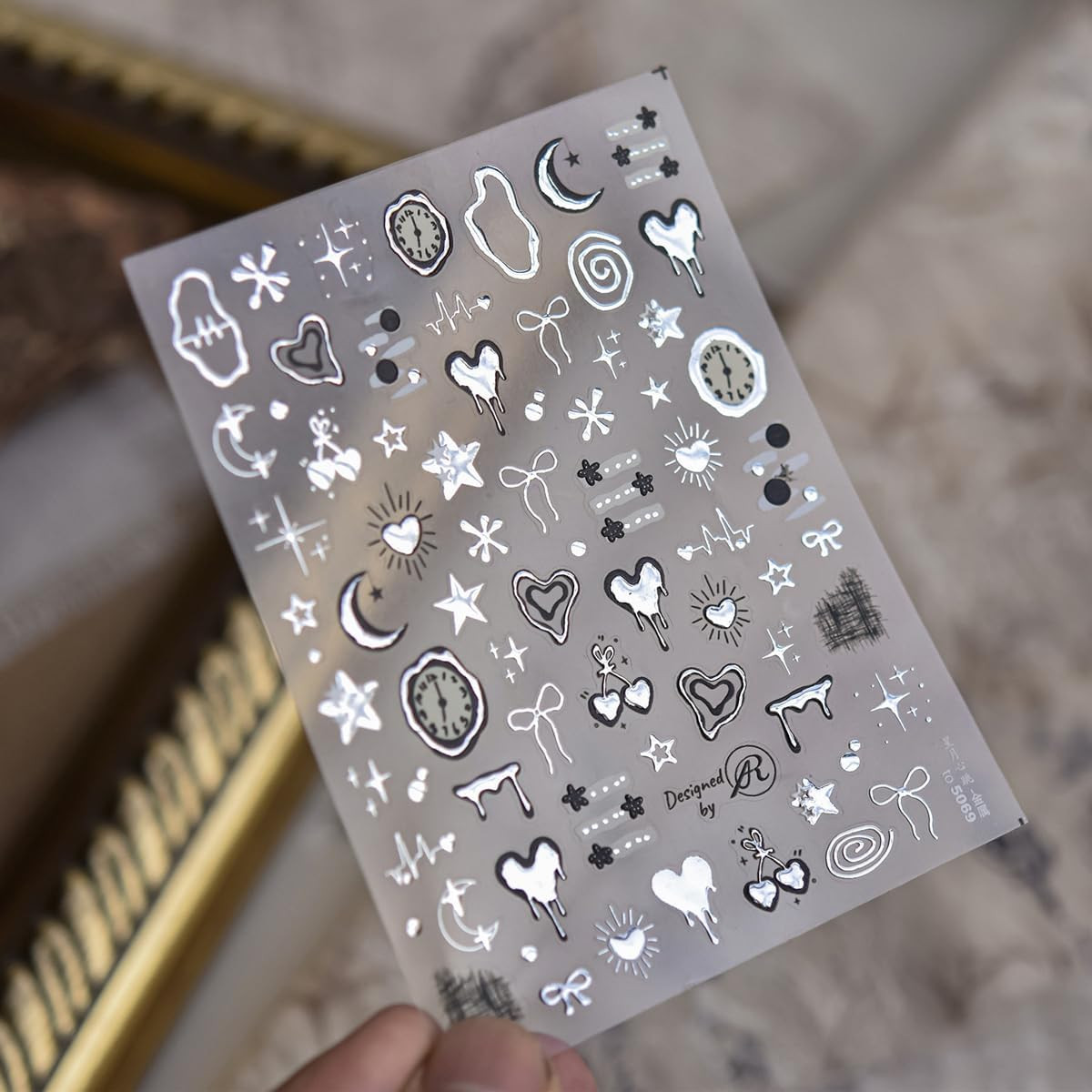 Silver Nail Art Stickers Heart Star Nail Decals with Metal Design 5D Embossed Se