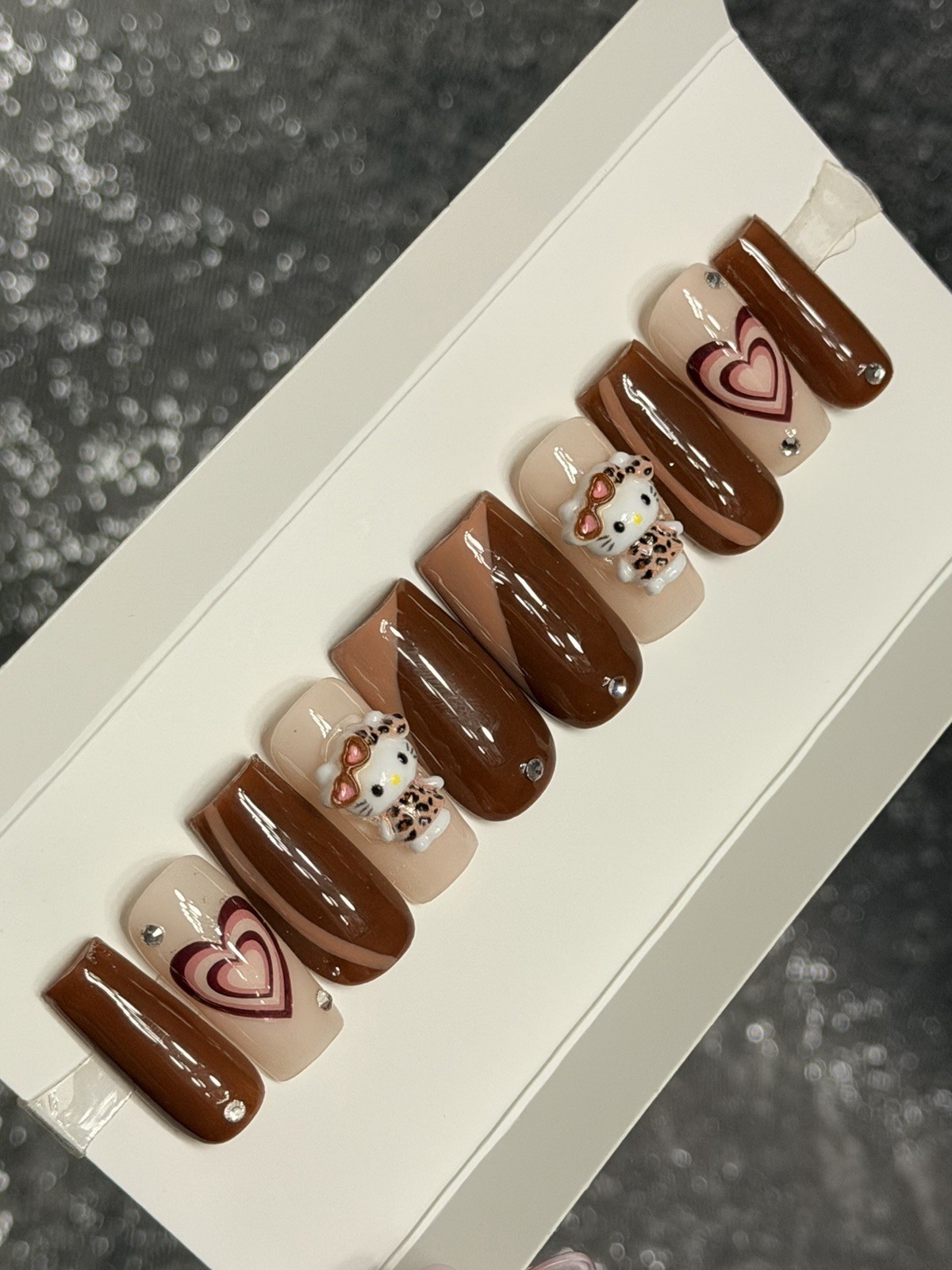 ✨ CUSTOM Press On Nails Brown Nude HELLO KITTY BLING 10p SET W Kit