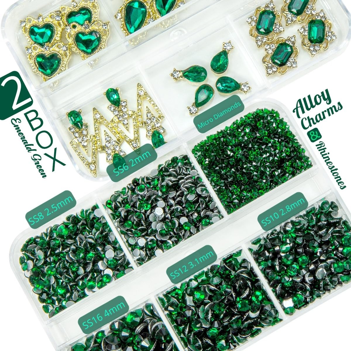 24pcs Green Luxury Nail Charms + 2000pcs Emerald Green Rhinestones 3D Big Gem…