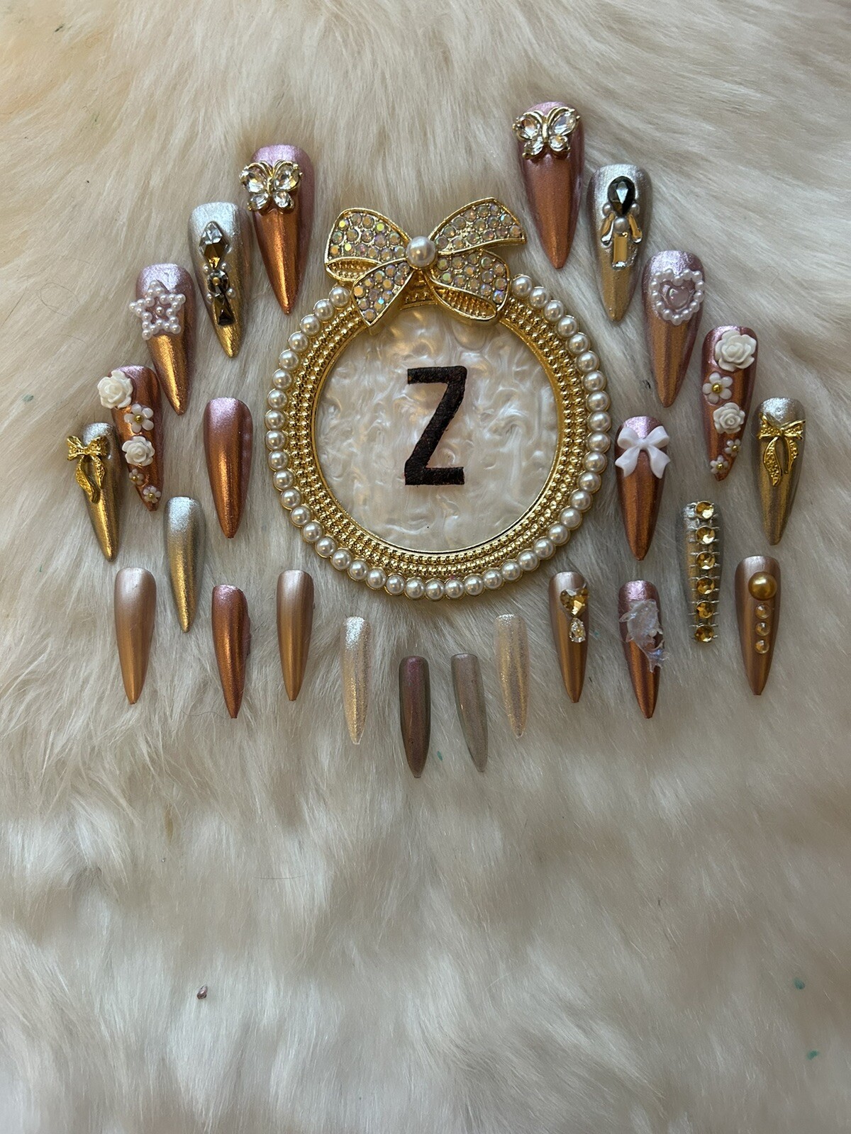 Z NAILZ! 24 Pc. Set Metallic Embellished Pink Long Ballerina Press On Nails