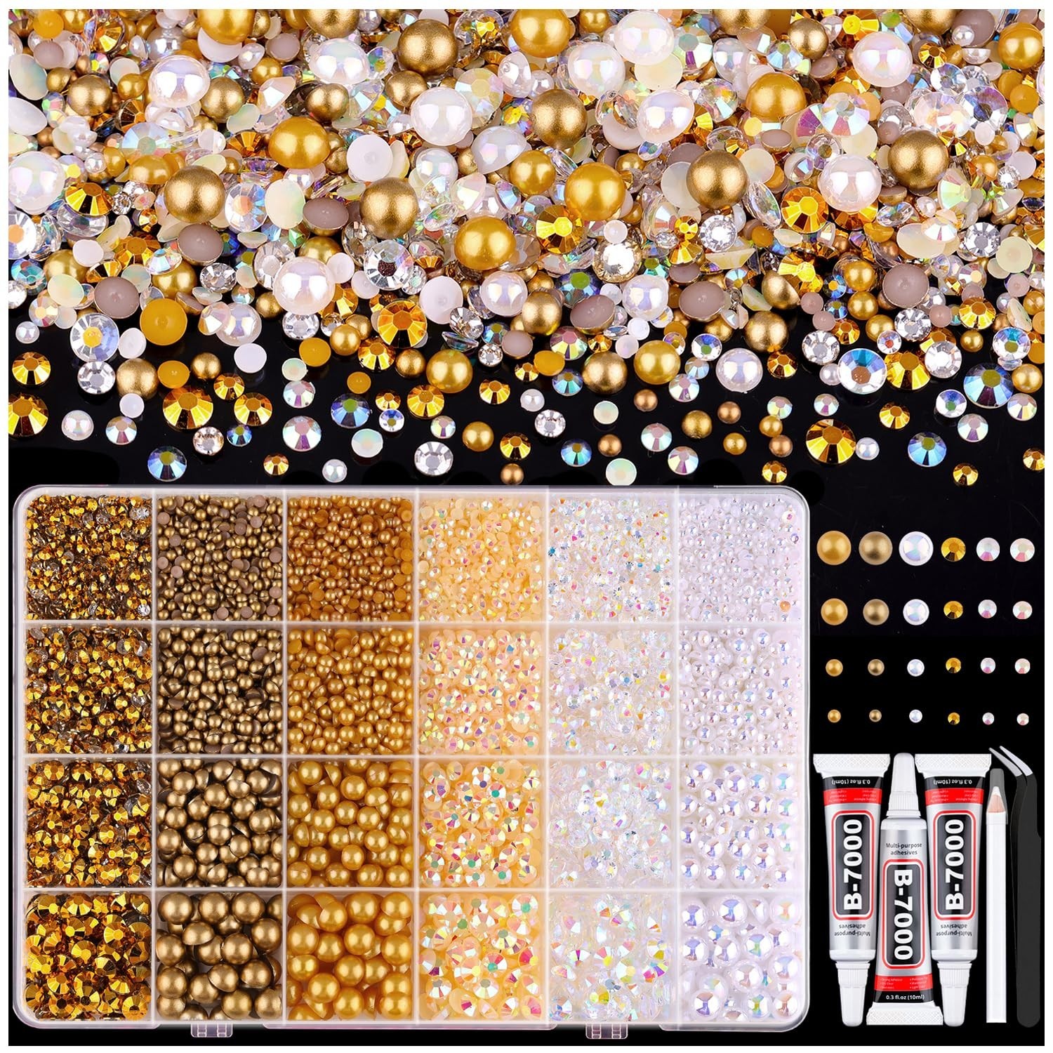 14000PCS Flatback Pearls & Gold Rhinestones for Crafting, Nail Art, DIY Decor