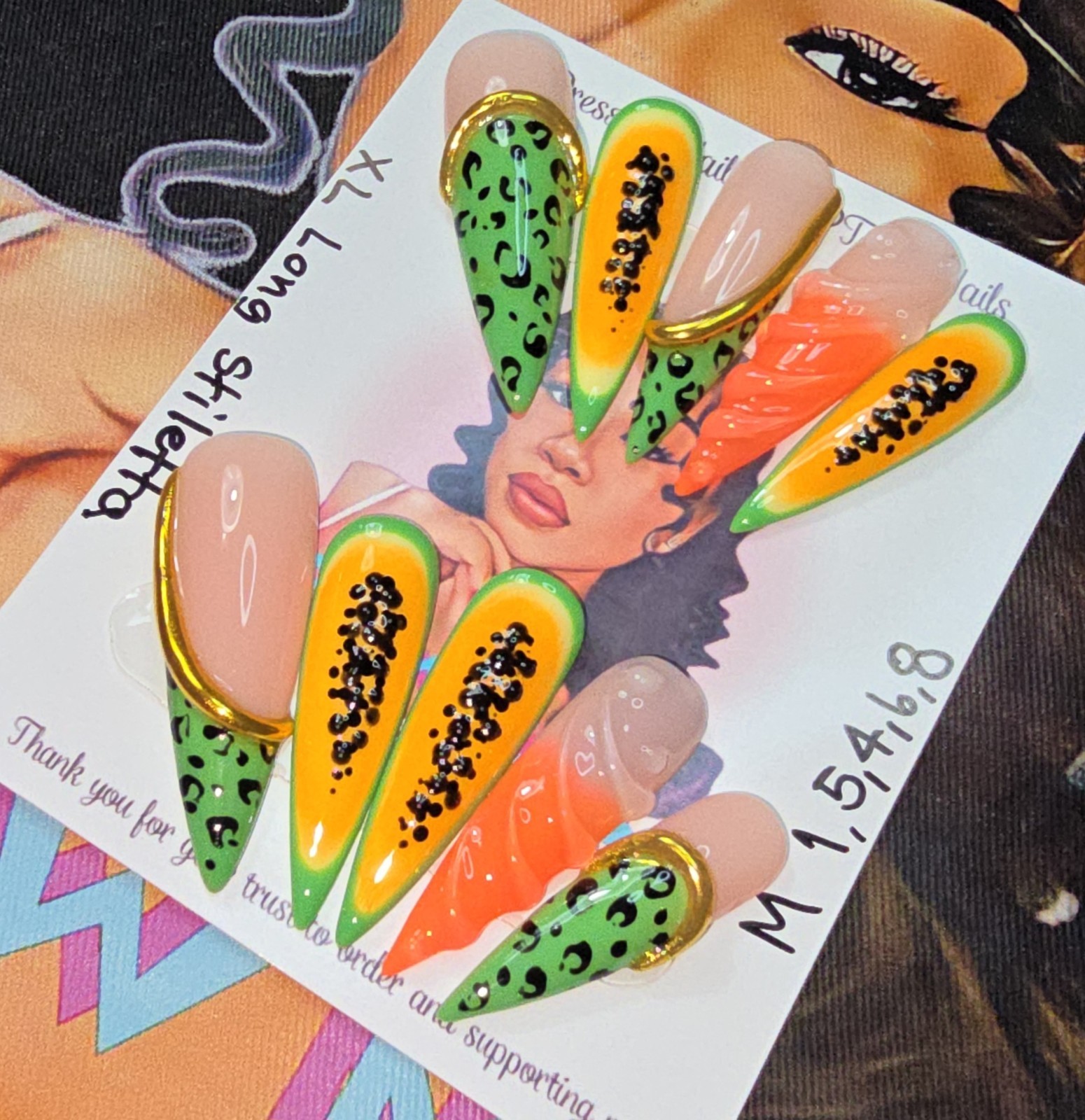 Handmade Gel Press On Nails, Summer Set Medium Size 1,5,4,6,8 XL Long Stiletto